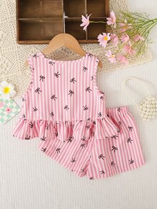 SHEIN Setelan Musim Panas Anak Perempuan Warna Pink Muda, 1 Set Pakaian Anak Perempuan - Merah - View 6