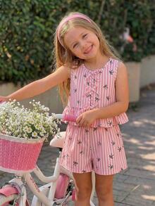 SHEIN Setelan Musim Panas Anak Perempuan Warna Pink Muda, 1 Set Pakaian Anak Perempuan - Merah - View 1