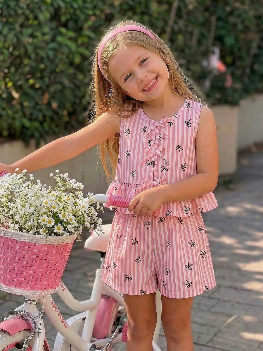 SHEIN Setelan Musim Panas Anak Perempuan Warna Pink Muda, 1 Set Pakaian Anak Perempuan - Merah - View 1