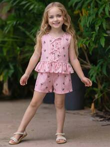 SHEIN Setelan Musim Panas Anak Perempuan Warna Pink Muda, 1 Set Pakaian Anak Perempuan - Merah - View 3