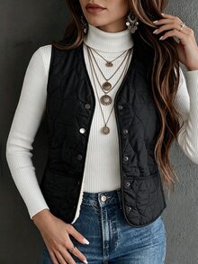 SHEIN Women's Padded Thermal Lined Gilet Jacket, Winter Clothes - Black - View 3