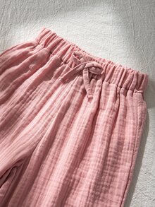 SHEIN 1件女童蓮花寶寶黑色純色寬鬆舒適休閒長褲 冬季保暖 秋冬百搭柔軟舒適 - 粉色 - 查看 4