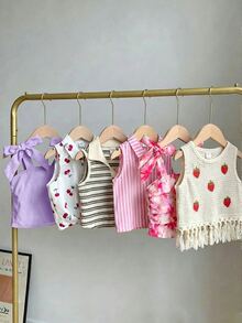 SHEIN 1件隨機款度假風可愛少女無袖軟綿上衣 夏季背心上衣 - 紫色 - 查看 2