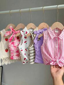 SHEIN 1件隨機款度假風可愛少女無袖軟綿上衣 夏季背心上衣 - 紫色 - 查看 3