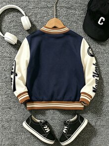 小男孩棒球夾克，時尚運動酷感英文標語印花，適合假期派對，春秋冬季穿著，舒適休閒，秋季首選，時尚休閒穿搭，秋冬街頭風，戶外休閒穿著，返校派對，適合戶外 - 彩色 - 查看 3