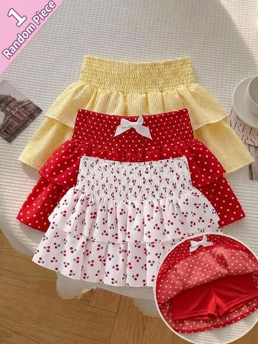 SHEIN 1 Random Piece Tween Girls Kids Waist Gathered Shirred Polka Dot Mini Skirt With Built-In Lining Anti-Exposure Back To School - Multicolor - View 1