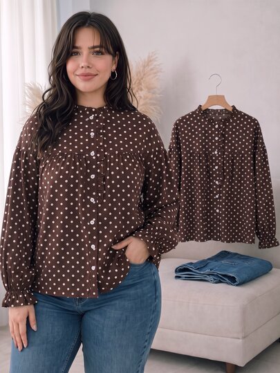CosyJoli Plus Size Long Sleeve Polka Dot Shirt, Casual Women's Clothing, Spring/Autumn Daily Wear Women's Clothing Long Sleeve Outwear 2026 New Fashion Button Shirt