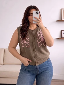 CosyJoli Plus Size Elegant French Pink Wheat Stalk Embroidered 3D Wavy Textured Knit Cardigan Sweater Top For Women Winter - Brown - View 3