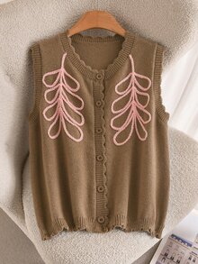 CosyJoli Plus Size Elegant French Pink Wheat Stalk Embroidered 3D Wavy Textured Knit Cardigan Sweater Top For Women Winter - Brown - View 8