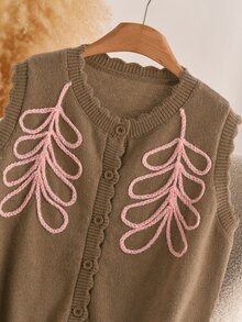 CosyJoli Plus Size Elegant French Pink Wheat Stalk Embroidered 3D Wavy Textured Knit Cardigan Sweater Top For Women Winter - Brown - View 7