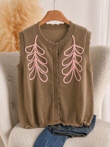 CosyJoli Plus Size Elegant French Pink Wheat Stalk Embroidered 3D Wavy Textured Knit Cardigan Sweater Top For Women Winter - Brown - View 4