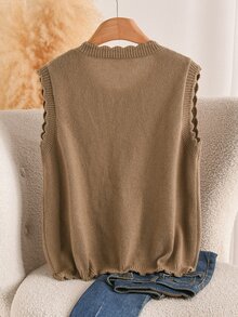 CosyJoli Plus Size Elegant French Pink Wheat Stalk Embroidered 3D Wavy Textured Knit Cardigan Sweater Top For Women Winter - Brown - View 5