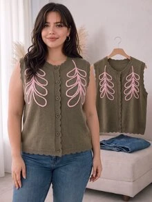 CosyJoli Plus Size Elegant French Pink Wheat Stalk Embroidered 3D Wavy Textured Knit Cardigan Sweater Top For Women Winter - Brown - View 2
