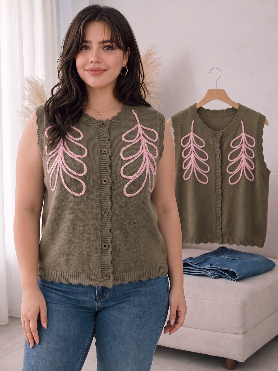 CosyJoli Plus Size Elegant French Pink Wheat Stalk Embroidered 3D Wavy Textured Knit Cardigan Sweater Top For Women Winter