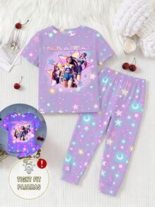 SHEIN 2組隨機款少女可愛卡通K-POP女孩印花休閒簡約修身袖上衣與長褲家居服套裝 - 紫色 - 查看 5