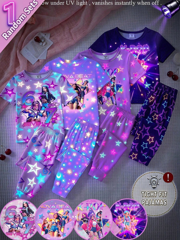 SHEIN 2 Random Sets Kids Young Girl Cute Cartoon K-POP Girl Print Casual Minimalist Snug Fit Sleeve Top And Pants Loungewear Set