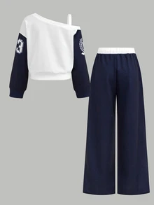 Girlism Kids Tween Girl Autumn/Winter Casual Thick Sweatshirt Set, Fun Number & Letter Print Loose Crew Neck Drop Shoulder Long Sleeve Pullover Sweatshirt And Matching Print Wide Leg Straight Sweatpants Set, 2-Piece Sporty Sweatshirt Set In Royal Blue, Suitable For Daily Wear And Versatile - Royal Blue - View 2