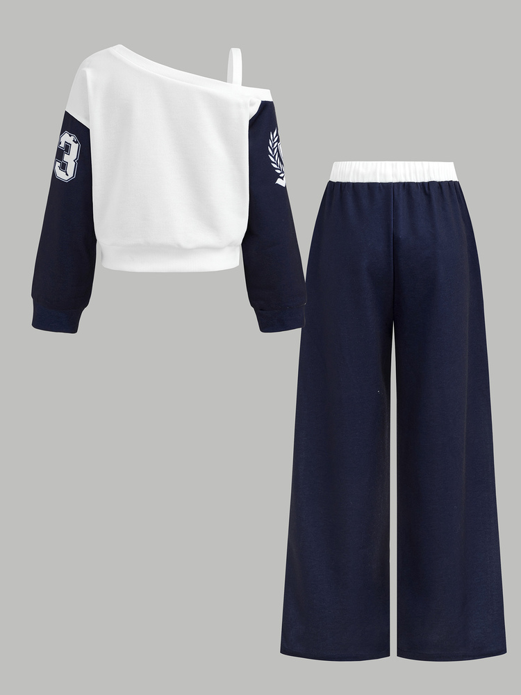 Girlism Kids Tween Girl Autumn/Winter Casual Thick Sweatshirt Set, Fun Number & Letter Print Loose Crew Neck Drop Shoulder Long Sleeve Pullover Sweatshirt And Matching Print Wide Leg Straight Sweatpants Set, 2-Piece Sporty Sweatshirt Set In Royal Blue, Suitable For Daily Wear And Versatile - Royal Blue - View 2