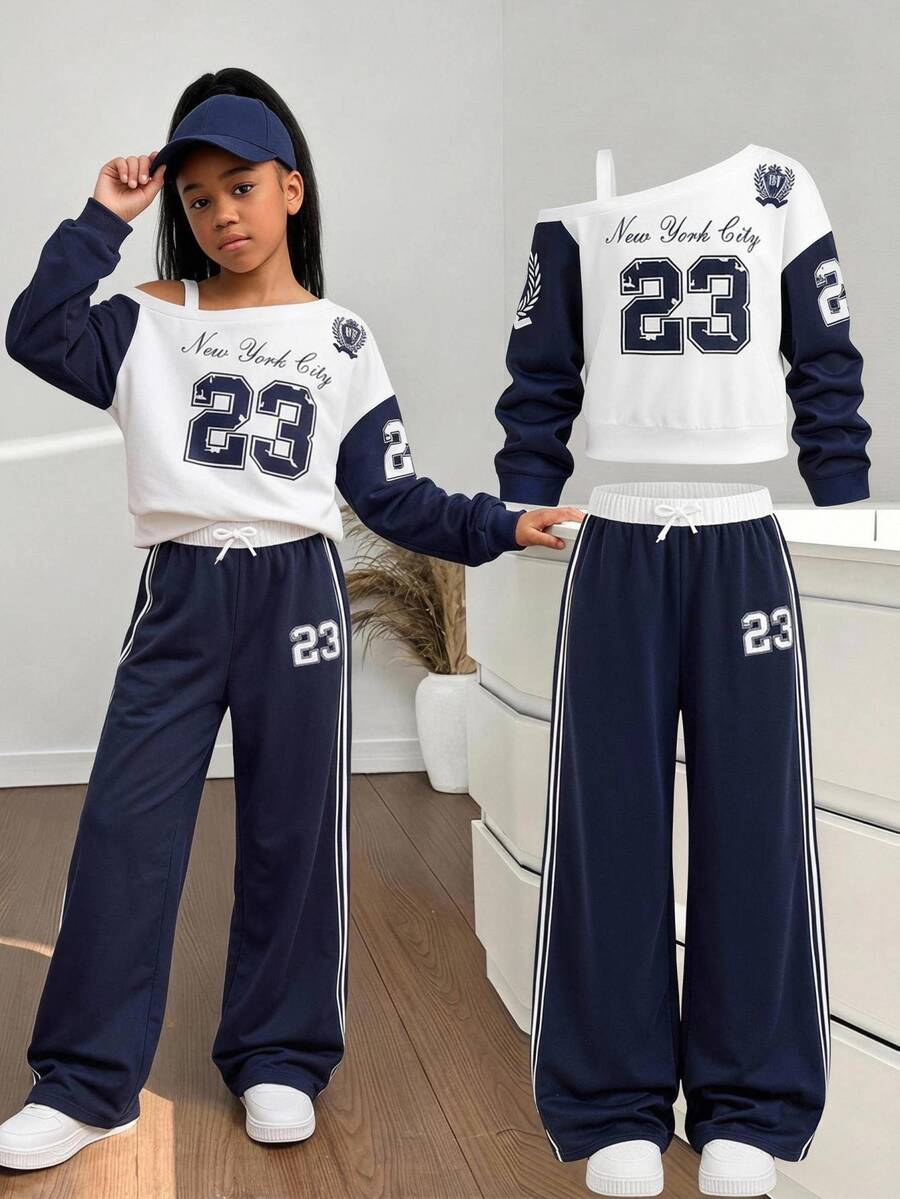 Girlism Kids Tween Girl Autumn/Winter Casual Thick Sweatshirt Set, Fun Number & Letter Print Loose Crew Neck Drop Shoulder Long Sleeve Pullover Sweatshirt And Matching Print Wide Leg Straight Sweatpants Set, 2-Piece Sporty Sweatshirt Set In Royal Blue, Suitable For Daily Wear And Versatile - Royal Blue - View 1