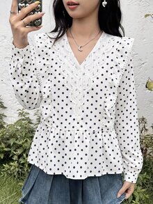 SHEIN 青少年女孩黑白波點印花蕾絲荷葉邊長袖襯衫 白色上衣 生日舞會 秋季可愛風 - 黑與白 - 查看 3