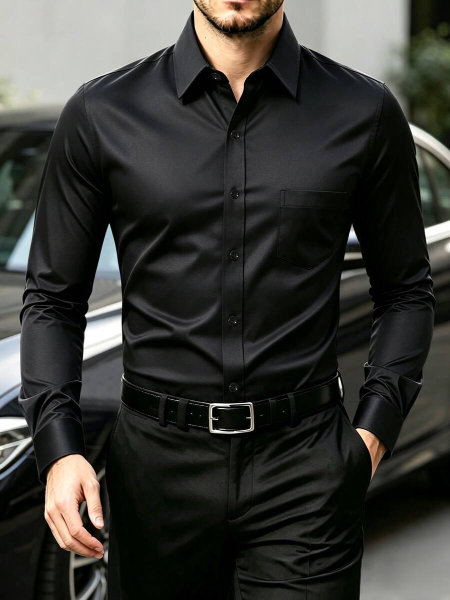Manfinity Mode 男士休閒百搭通勤素色長袖襯衫 男士奢華襯衫 商務休閒男士襯衫 黑色正裝襯衫 正式 儀式 - 黑色 - 查看 1