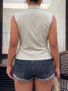 Muchica Grey Casual Plus Size Women's Button Design Vest Jacket Fall - Grey - View 2