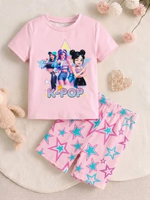 SHEIN 1組隨機款少女睡衣，時尚可愛粉色仙女卡通K-POP印花針織貼身夜睡衣，貼身版型 - 粉色 - 查看 4