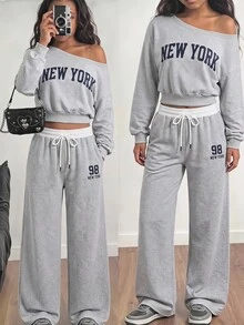 SHEIN Setelan Sweatshirt Lengan Panjang Bahu Asimetris dan Celana Panjang Pinggang Serut untuk Remaja Perempuan - Grey - View 1