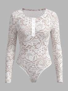 RIVANDRE Women's Lace Print Button Design Long Sleeve Elegant Sexy Bodysuit Night Out Beige Autumn - White - View 3