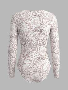 RIVANDRE Women's Lace Print Button Design Long Sleeve Elegant Sexy Bodysuit Night Out Beige Autumn - White - View 2