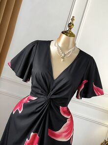 Rometta 大尺碼女款橘色花卉印花海灘度假長洋裝，修身V領扭結設計 - 黑色 - 查看 4
