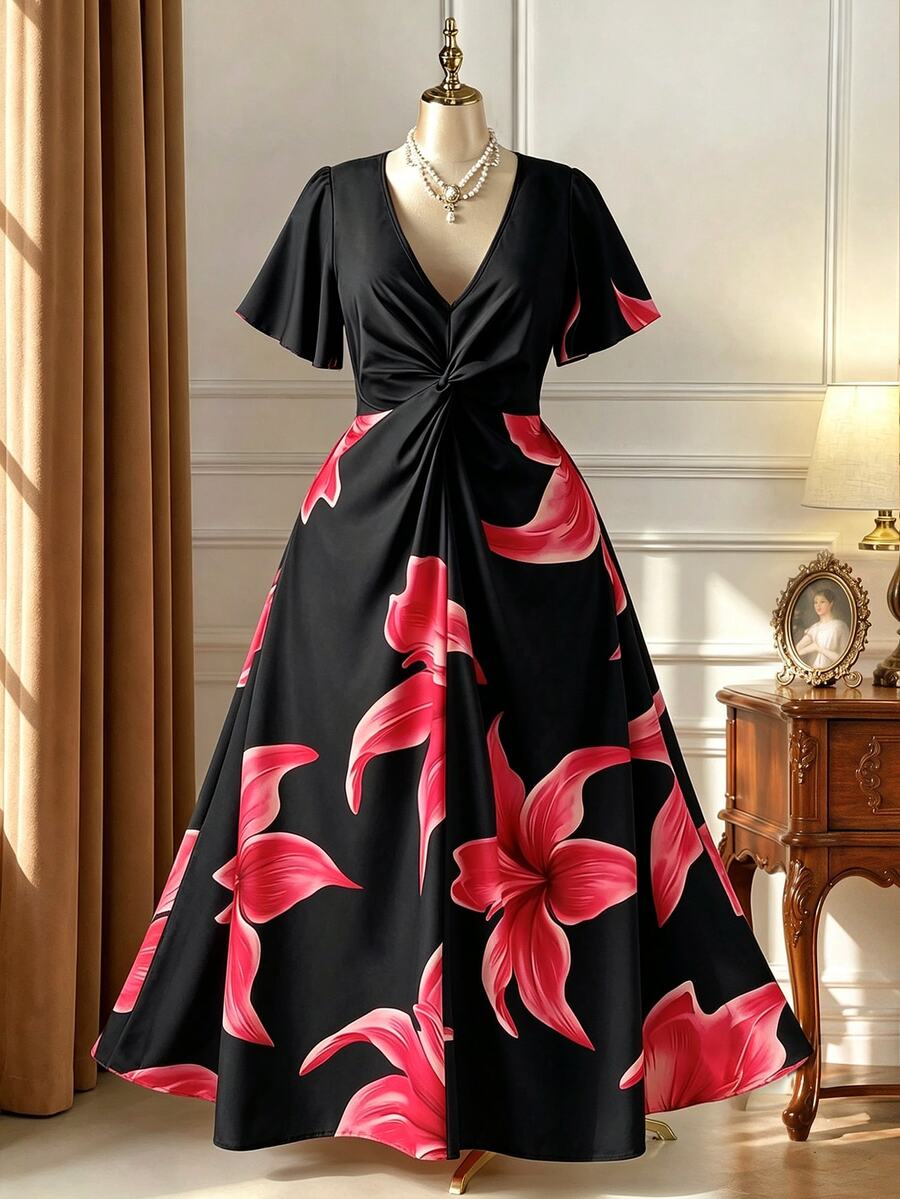 Rometta Plus Size Women's Orange Floral Print Beach Vacation Dress, Flattering V-Neck Twist Design Long Dress - Black - View 1