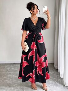 Rometta 大尺碼女款橘色花卉印花海灘度假長洋裝，修身V領扭結設計 - 黑色 - 查看 11