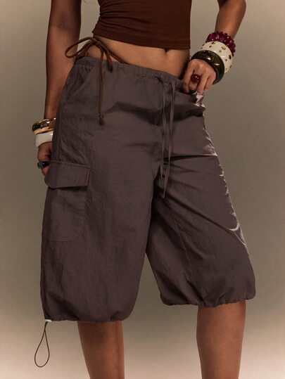 TypaGal Women's Solid Color Drawstring Waist Casual Y2k 90s Streetwear Versatile Daily Holiday Vacation Shorts Dark Brown Summer