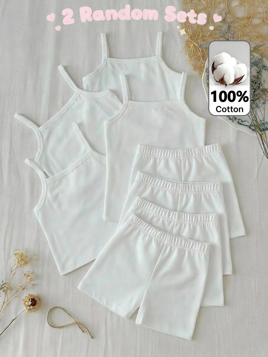 SHEIN 2 مجموعة عشوائية ملابس داخلية للأطفال والفتيات الصغيرات بلون موحد، توب بحمالات رفيعة وشورت - أبيض - مشاهدة 1
