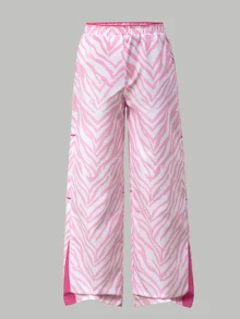 SHEIN Tween Girls School Fall Winter Pants Light Pink Zebra Print Side Slit Elastic High Waist Straight Wide Leg Streetwear Baggy Activewear - Pink - View 10