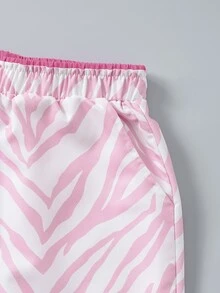 SHEIN Tween Girls School Fall Winter Pants Light Pink Zebra Print Side Slit Elastic High Waist Straight Wide Leg Streetwear Baggy Activewear - Pink - View 6