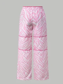 SHEIN Tween Girls School Fall Winter Pants Light Pink Zebra Print Side Slit Elastic High Waist Straight Wide Leg Streetwear Baggy Activewear - Pink - View 3