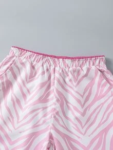 SHEIN Tween Girls School Fall Winter Pants Light Pink Zebra Print Side Slit Elastic High Waist Straight Wide Leg Streetwear Baggy Activewear - Pink - View 9