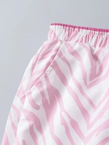 SHEIN Tween Girls School Fall Winter Pants Light Pink Zebra Print Side Slit Elastic High Waist Straight Wide Leg Streetwear Baggy Activewear - Pink - View 7