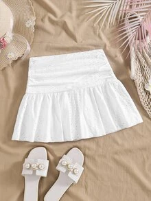 SHEIN Chân váy len dệt nhún ôm dáng casual màu trơn cho bé gái tween - trắng - Xem 7