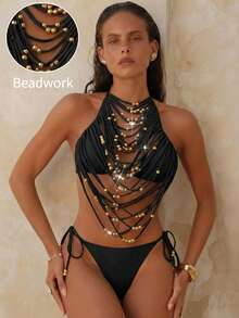 Swim Chiccia Elegant Halter Bikini Set For Women With Tie Side Bottom Knot Detail And Gold Bead Embellishments - Black and White - View 4