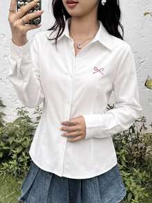 SHEIN Tween Girl Woven Solid Color Bow Pattern Casual Shirt - White - View 2