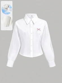 SHEIN Tween Girl Woven Solid Color Bow Pattern Casual Shirt - White - View 3