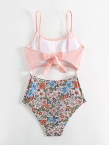 SHEIN Swim Summer Beach Floral Patchwork Print Hollow Out One-Piece Swimsuit With Spaghetti Straps High Waisted Bathing Suit - Multicolor - View 4