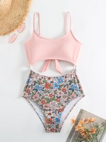 SHEIN Swim Summer Beach Floral Patchwork Print Hollow Out One-Piece Swimsuit With Spaghetti Straps High Waisted Bathing Suit - Multicolor - View 3