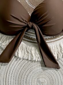 Swim SXY Women's Solid Color Halter Chain Decor Bikini Top With Underwire, Sexy Bikini - Brown - View 6