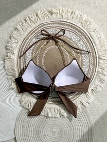 Swim SXY Women's Solid Color Halter Chain Decor Bikini Top With Underwire, Sexy Bikini - Brown - View 2
