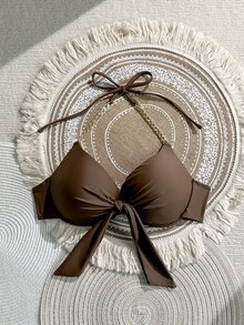 Swim SXY Women's Solid Color Halter Chain Decor Bikini Top With Underwire, Sexy Bikini - Brown - View 3