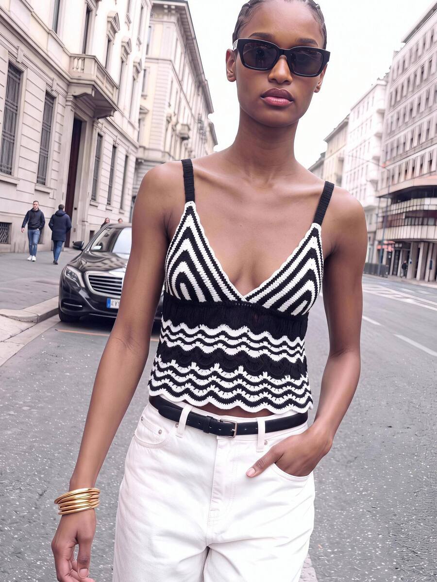 Maija Women's Colorblock Casual Versatile Daily Wear Knitted Camisole Top - Black and White - View 1